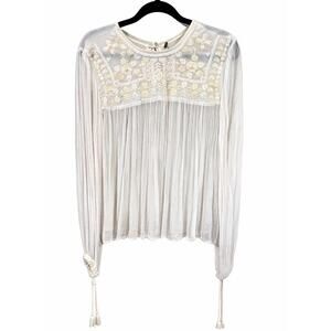 Free People Large Retro Femme Ivory Embroidered Sheer Boho Peasant Tassel Blouse